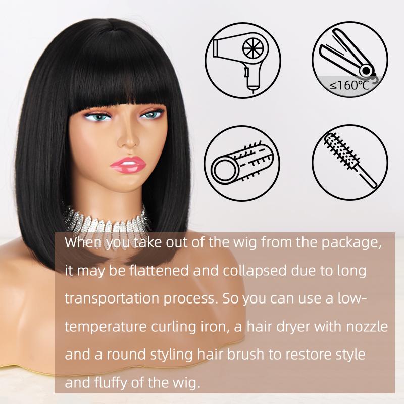 MISS WIG Ženy Krátká rovná Bobová paruka s ofinou Syntetické vlákno Přírodní Rovná Bobová Cosplay Paruka na denní nošení Paruka po ramena