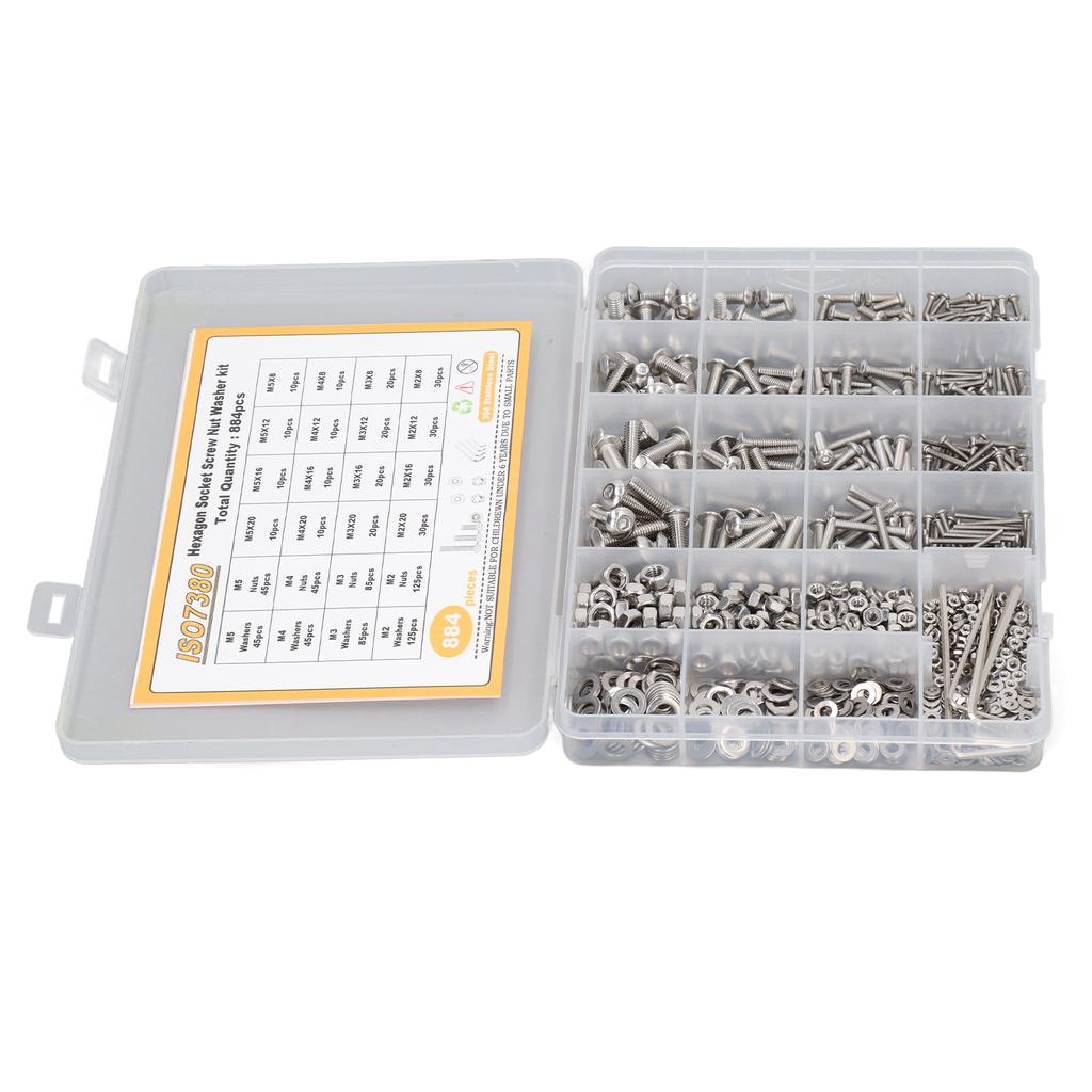 884 Pcs Screw Nut Washer Wrench Kit M2 M3 M4 M5 Half Round Head Hex Socket Screws Nuts Washers Wrench Set