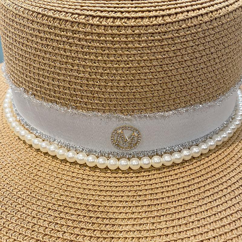 Straw hat women's spring and summer versatile pearl M letter flat top top top hat big brim sunshade sunscreen beach hat shows small face