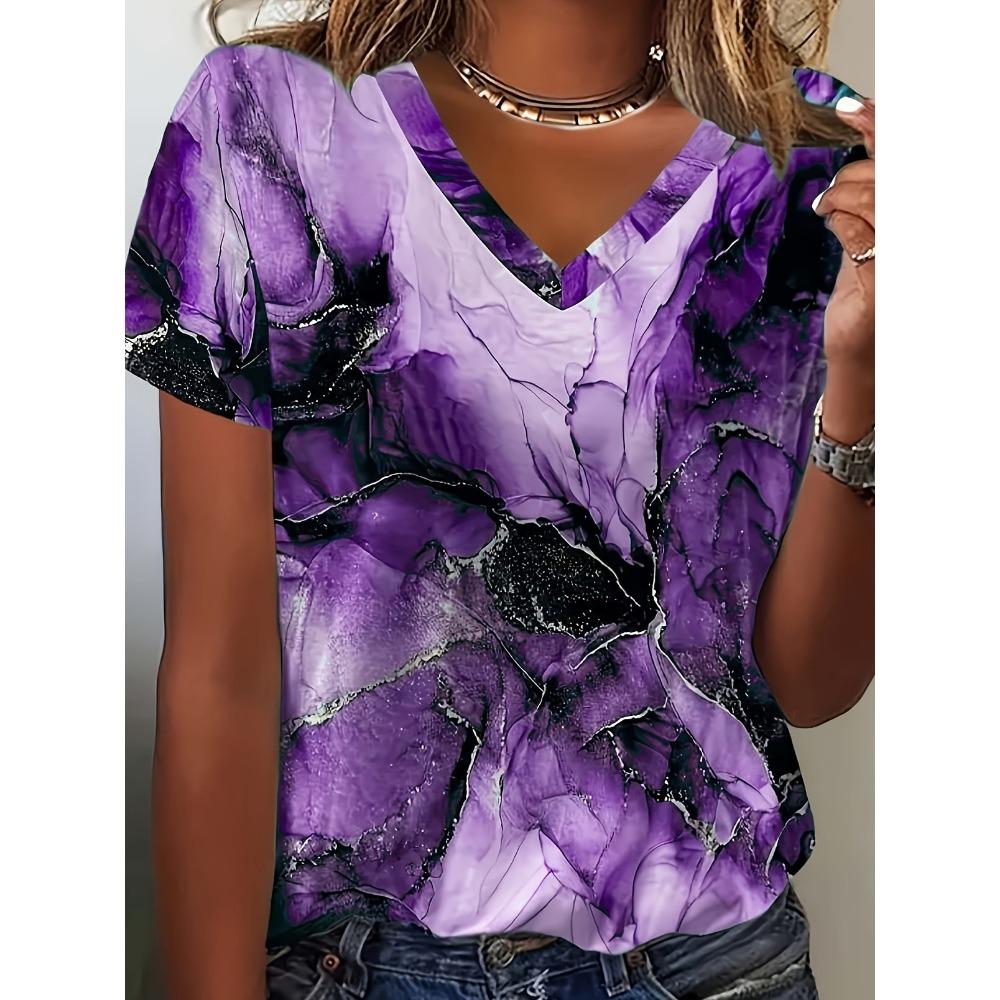 Ladies  Marble Printed V-neck T-shirt XS