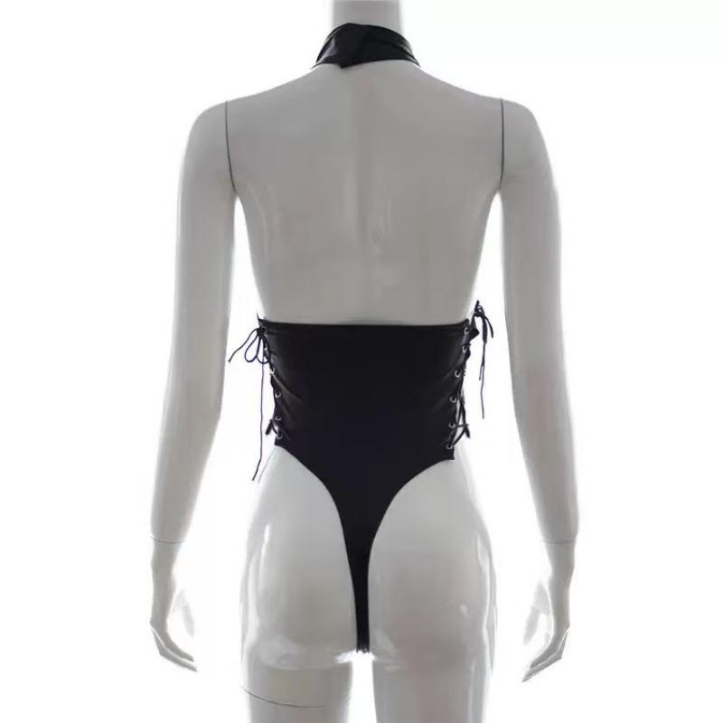 Sex Underwear Supply New Sexy Women's Patent Leather Open Placket Backless Onesie