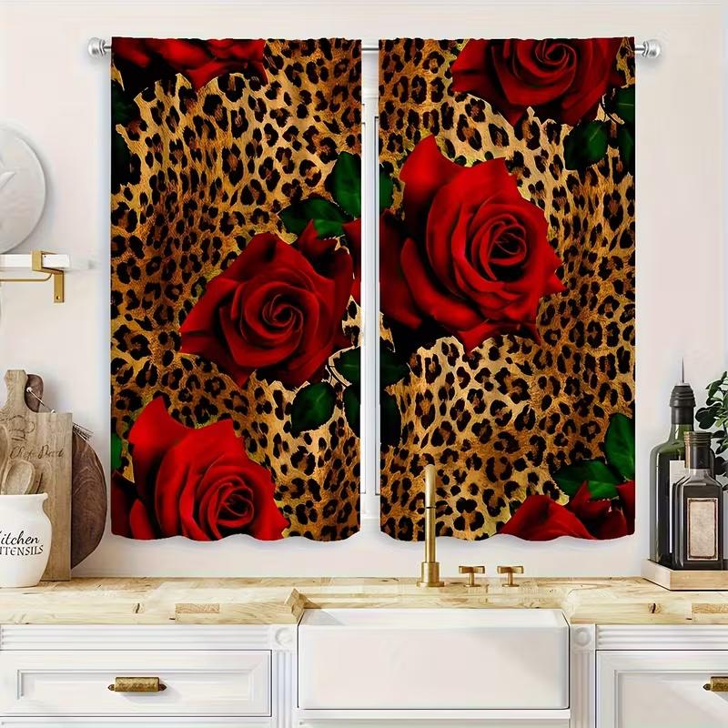 2 Pcs Leopard print rose print curtains,suitable for bedroom,living room kitchen decoration,home decoration,window decoration