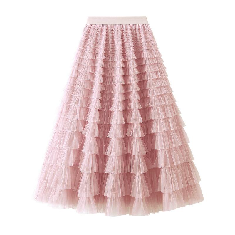 Women's Sweet Black White Tutu Skirts Tulle Cake Long Skirt Women Spring Summer Ruffle Pleated A-Line Chic Skirt