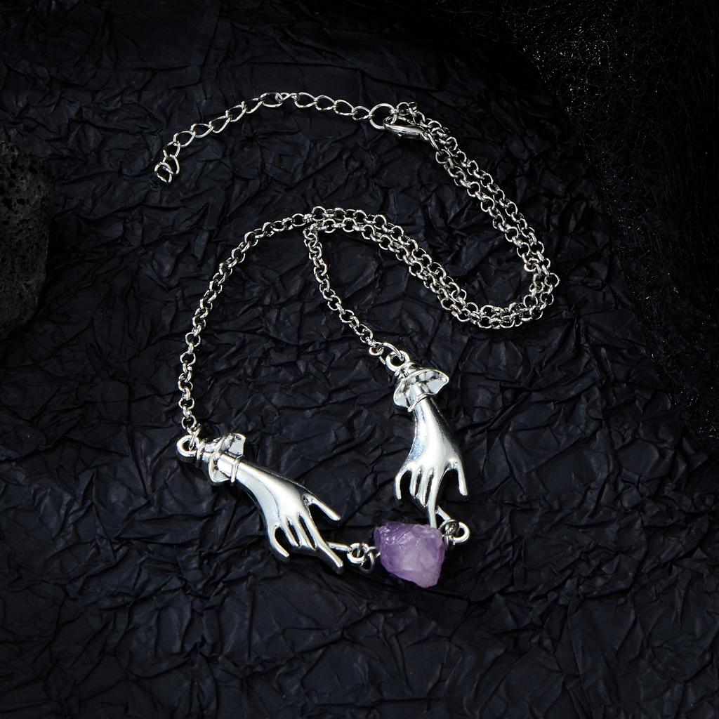Retro Magic Hand Irregular Purple Crystal Necklace for Women Mystic Witch Holiday Party Zircon Gift Accessories Girls Necklace