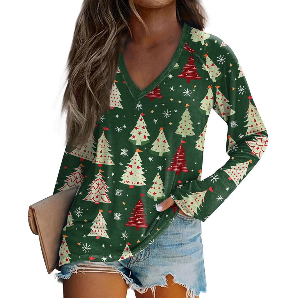 Women's Long Sleeve T-Shirt V-Neck ChristmasPrinted Casual Basic Tops