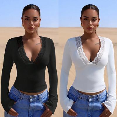 Tricou cu mânecă lungă, cu decolteu în V, cu dantelă florală împletită, sexy, pentru femei hot, subțiere, versatil, esențial în garderobă, articole de modă, cămașă
