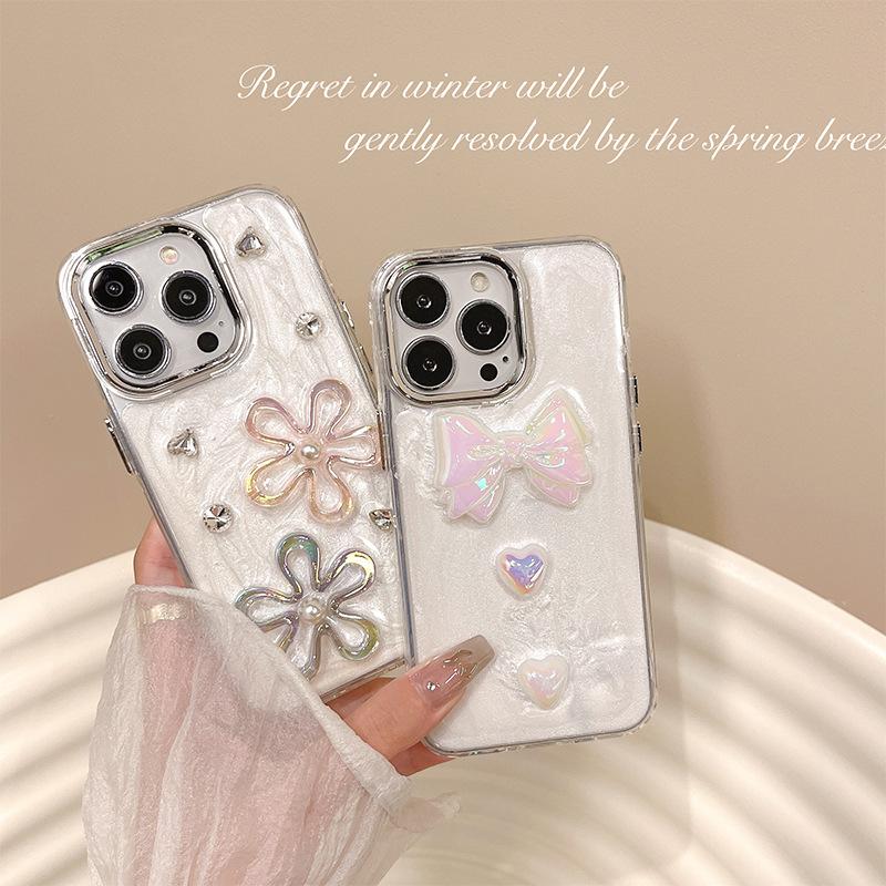 Rhinestone Flower Pearl Mobile Phone Case Is Suitable For Apple 16Pro Xiaoqing Fresh Air Iphone17 Women'S 15 Transparent.
