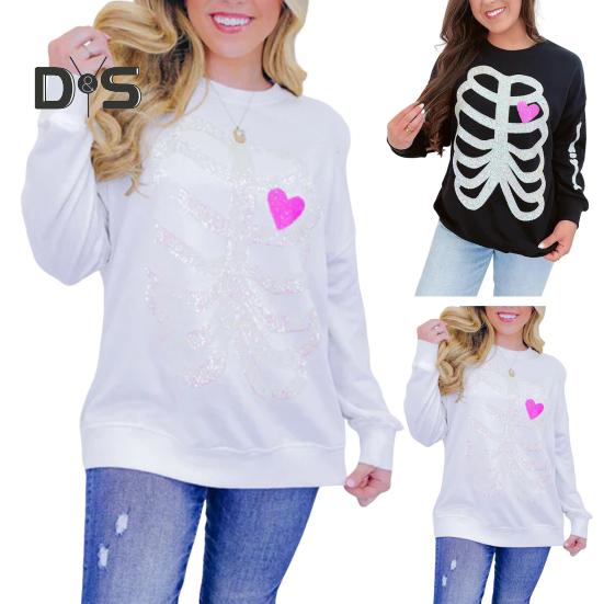 Women Sweatshirt Skeleton Pattern Round Neck Sequin Decor Long Sleeves Loose Elastic Cuffs Pullover Sport Daily Wear Fall Spring Top