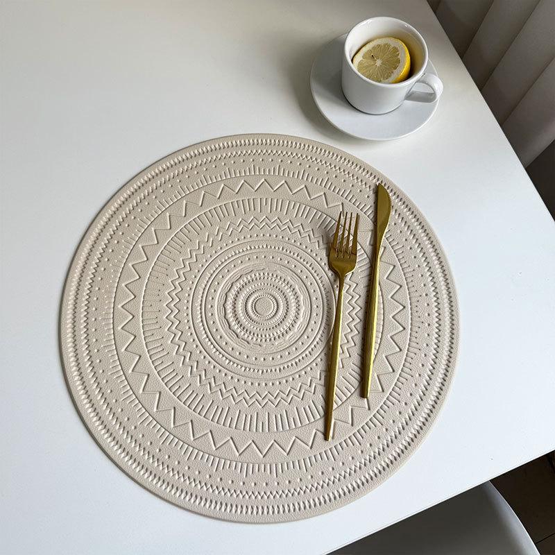 Imitation Leather Placemat Bohemian Style Embossed Table Mat, Round Pvc Edge Pressing Creative Waterproof Oil Western Food Thermal Insulation Mat