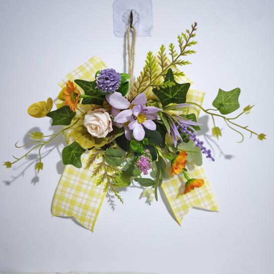 Spring Summer Artificial Violet Wreath for Front Door Small Wall Hanging Wreath with Yellow Plaid Bow for Indoor Outdoor Wall Window Kitchen Cabinet