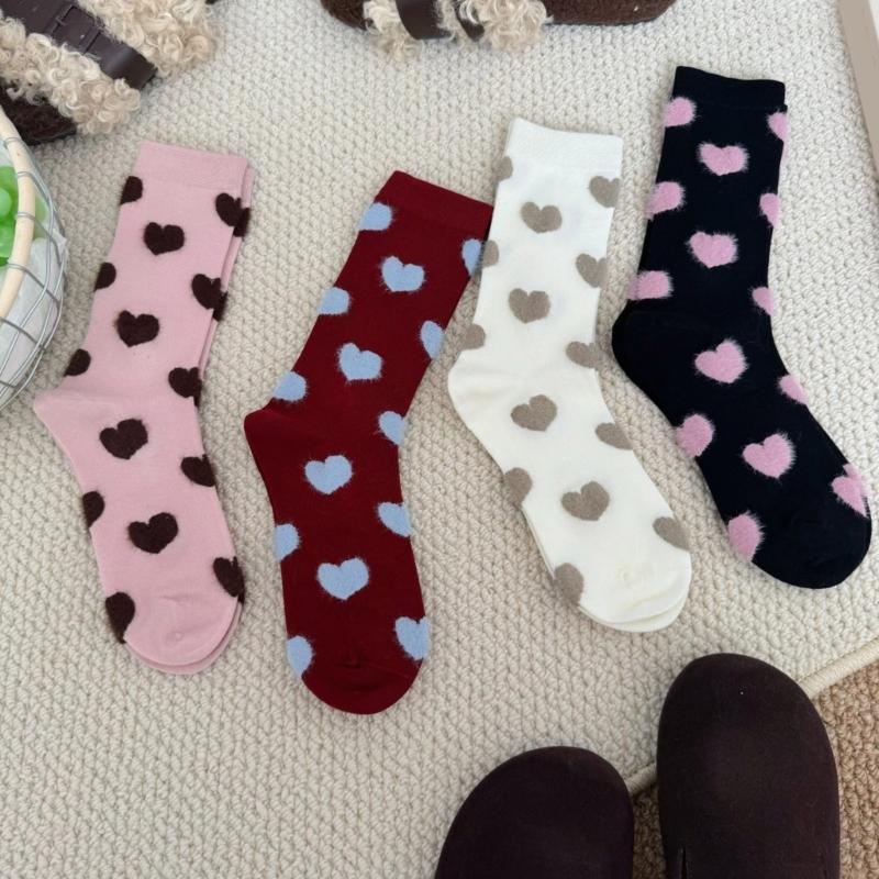4 Pairs Womens Casual Crew Socks Elastic Fit Flocking Heart Pattern Soft Nylon Fabric Calf Socks for Comfort and Fashion