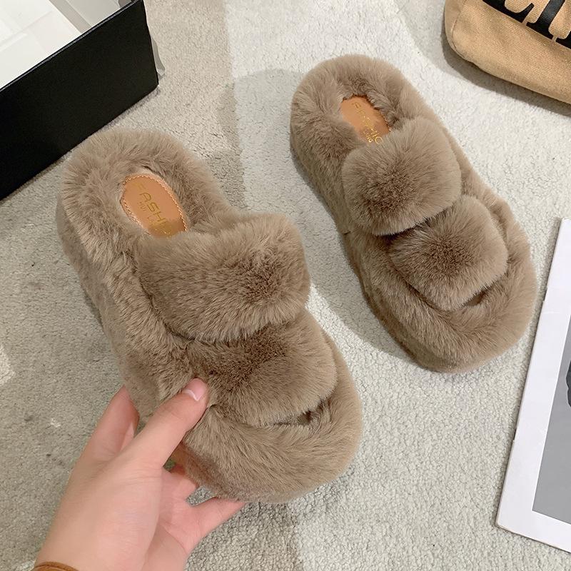 Thick bottom heightening one-word fluffy slippers women's outer wear ins home explosion non-slip versatile autumn and winter cotton slippers
