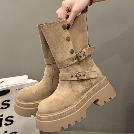 Women s Thick Heel Mid-Calf Boots for Autumn Height Increasing and Slimming Retro Women s Boots Fashion Belt Buckle Cowboy Boots 40 хаки 3090₽