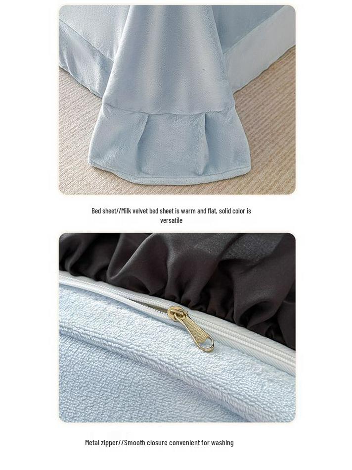 G5ZG5Z Korean Winter Velvet 4-Piece Set: Princess Style with Double-Sided Fleece and Lace Edging Quilt Cover.