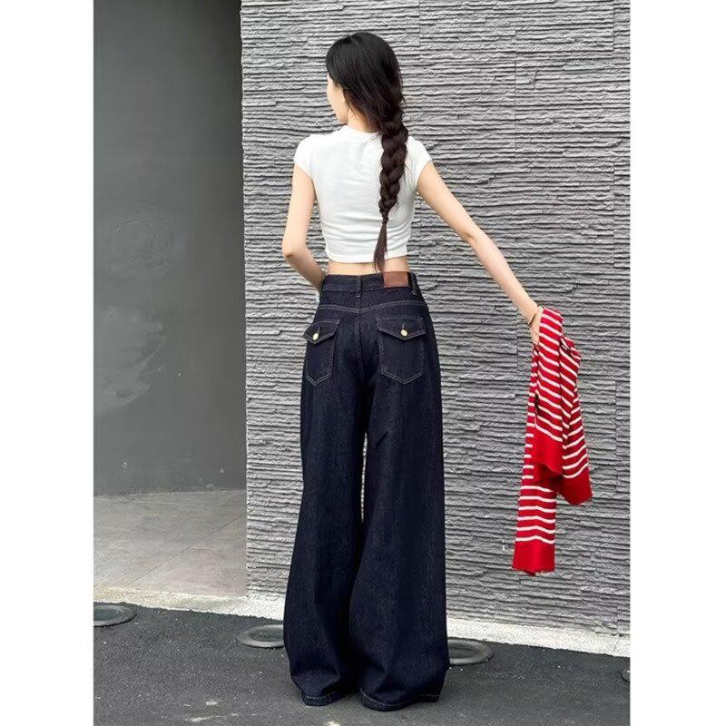 

Джинсы большого размера с низкой посадкой, темно-синие, с широкими штанинами для женщин - Осенние, свободные, длиной до пола 5XL темно-синий