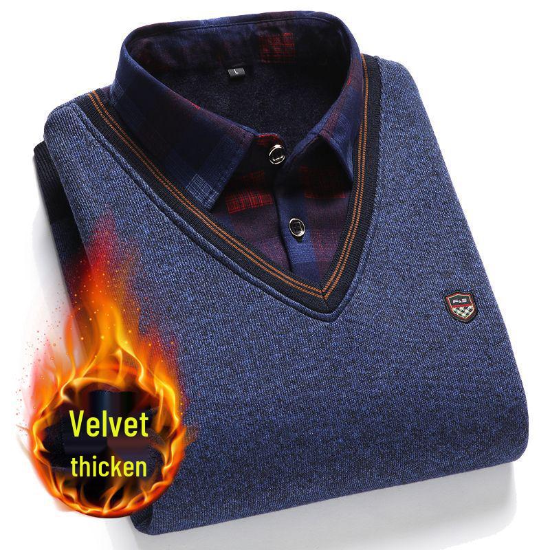 

Men s Hefty Knit Sweater for Autumn & Winter - Faux Two-Piece with Plus Velvet for Warmth, Ideal for Middle-Aged & Elderly 2XL 150-165 lbs