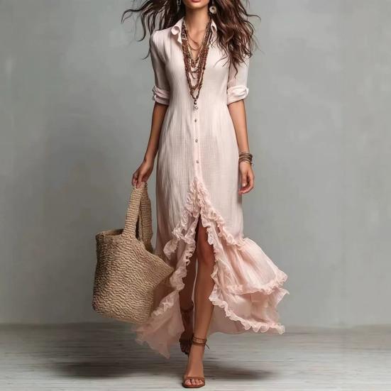 Women's 46085 Sleeve Button Dress Layered Down Maxi Ruffle