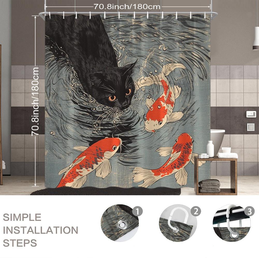 Vintage Cat Shower Curtain 180X180Cm – With Koi Fish In Abstract Water Design, Unique Bathroom Decor, 12 Hooks