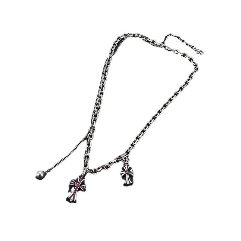 Ny retro rosa diamant kors kors blomst anheng halskjede hip-hop nisjedesign genserkjede