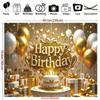 Sfondo di Compleanno 2D Oro Bianco Glitterato con Palloncini, Torta e Scatole Regalo