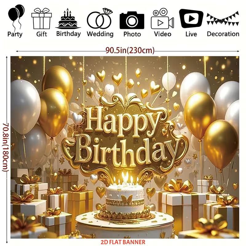 Sfondo di Compleanno 2D Oro Bianco Glitterato con Palloncini, Torta e Scatole Regalo