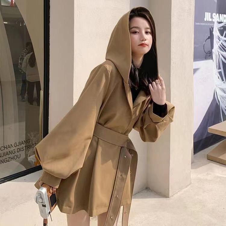 Women's Korean Chic Hooded Trench Coat with Lantern Sleeves - Spring & Autumn Casual British Style