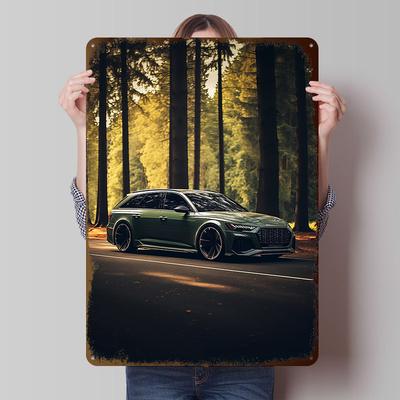 Green Sports Car RS6 In Forest Poster Customized Wall Art Vintage Metal Signs Retro Tin Plaque for Man Cave Bedroom Decorations