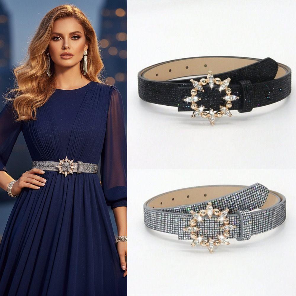 Fashion Bling Bling Sparkling Rhinestone Belt Versatile Luxury Brand Design Slide Buckle Belt Glitter PU Leather Belt Women