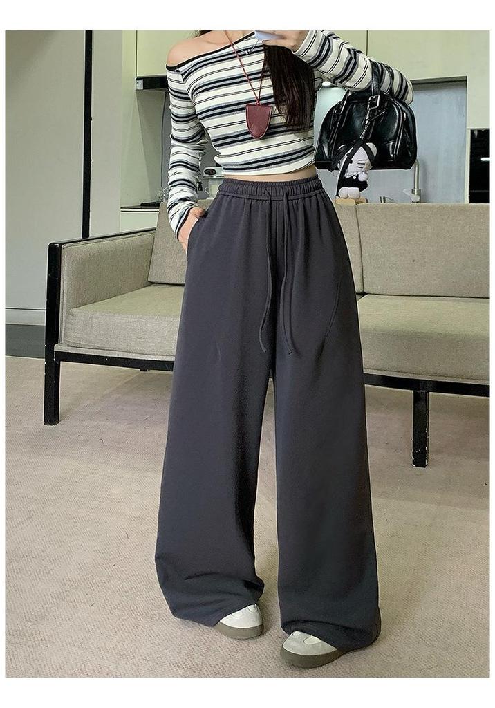 2026 Spring Plus Size Women's Wide-Leg Drawstring Pants - Casual, Elastic Waist, High-Waisted, Slimming Fit