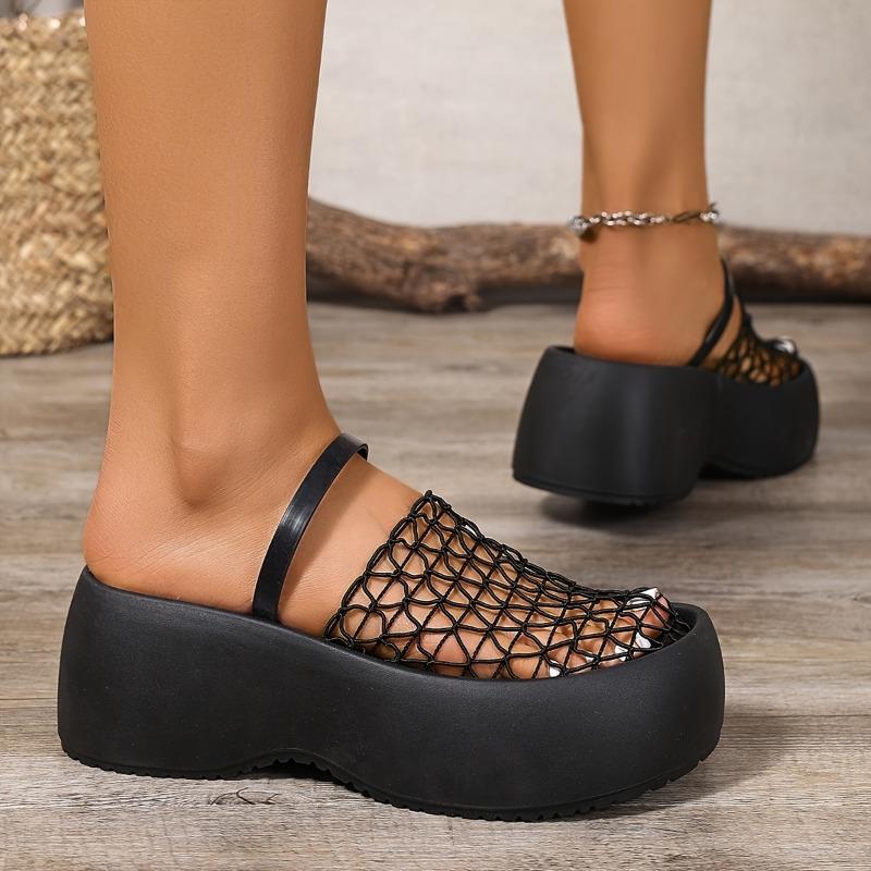 Stilvolle schwarze Netz-Fischnetz Damen-Freizeit-Plateausandalen | Dick gepolsterte Sohle, bequeme Schlupfschuhe mit runder Zehenpartie für den Ganzjahreseinsatz