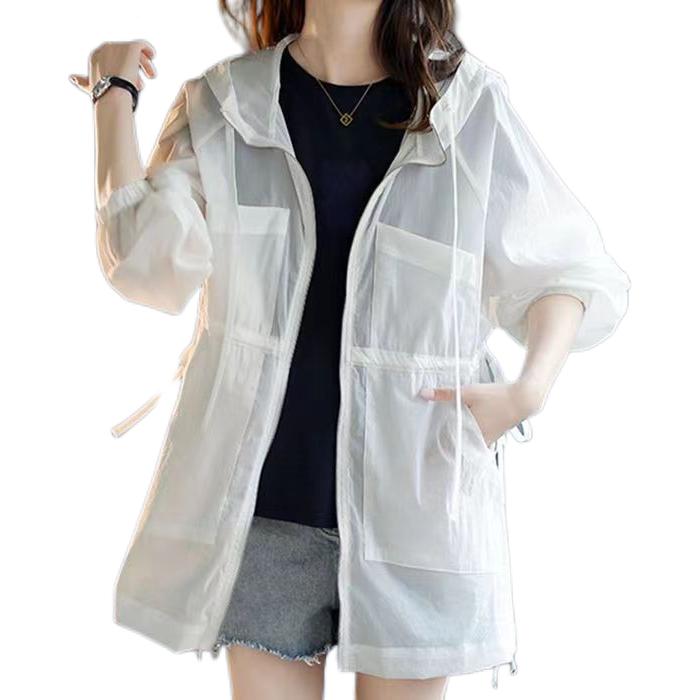 Summer Sunscreen for Women Drawstring Waist Mid-length Thin Windbreaker UV Protection Cardigan Lightweight Trench Coat
