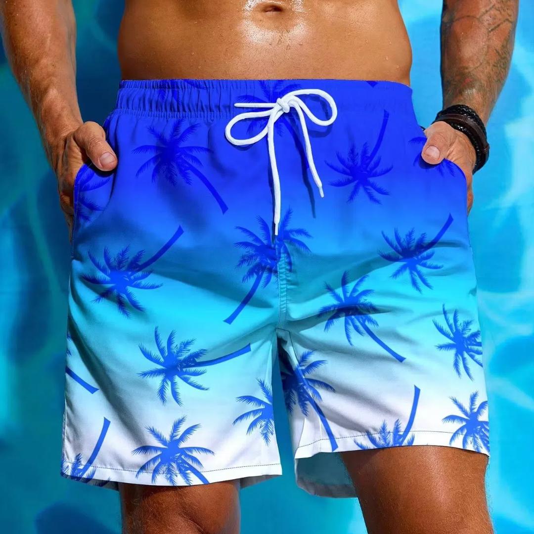 

Мужские пляжные шорты на шнурке, мужские плавки с эластичной талией, 3D-принт, пальмовый градиент, дышащие шорты, уличная одежда, полиэстер S