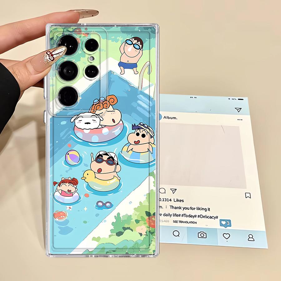 Roztomilý obal na telefon Shinchan s pastelkami pro Samsung Galaxy S25 Edge S24 S26 S22 FE Note 20 Ultra 10 S23 Ultra S20 Plus S21