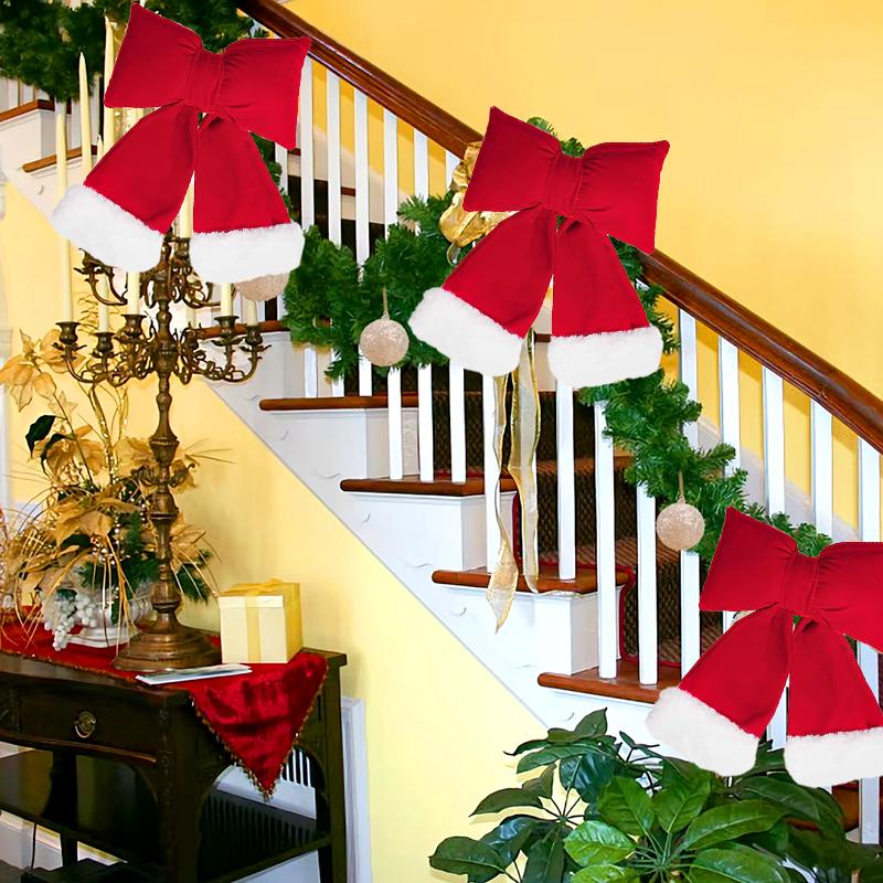 1PC Cotton Padded Bows Home Decor Flannel Christmas Velvet Bow Decoration Thanksgiving With White Fur Trim Holiday Decor 3 Sizes