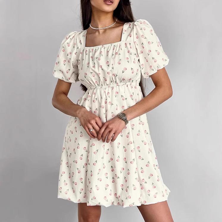 Spring and Summer French Elegant Floral Bubble Sleeve Dress Women's Fashion High Waist Square Neck A-shaped Dress Women's Clothing
