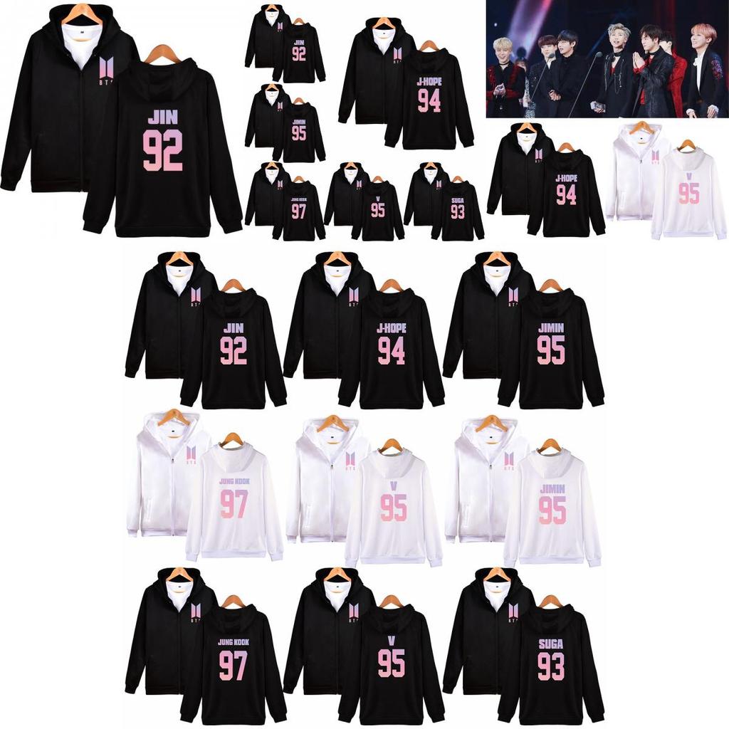 Sweat à capuche avec fermeture éclair et motif BTS pour adolescents, style décontracté