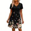Modisches Damenkleid mit Print, V-Ausschnitt, kurzärmelig, locker, lässig, für den Strandurlaub