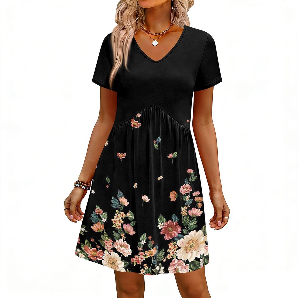 Modisches Damenkleid mit Print, V-Ausschnitt, kurzärmelig, locker, lässig, für den Strandurlaub