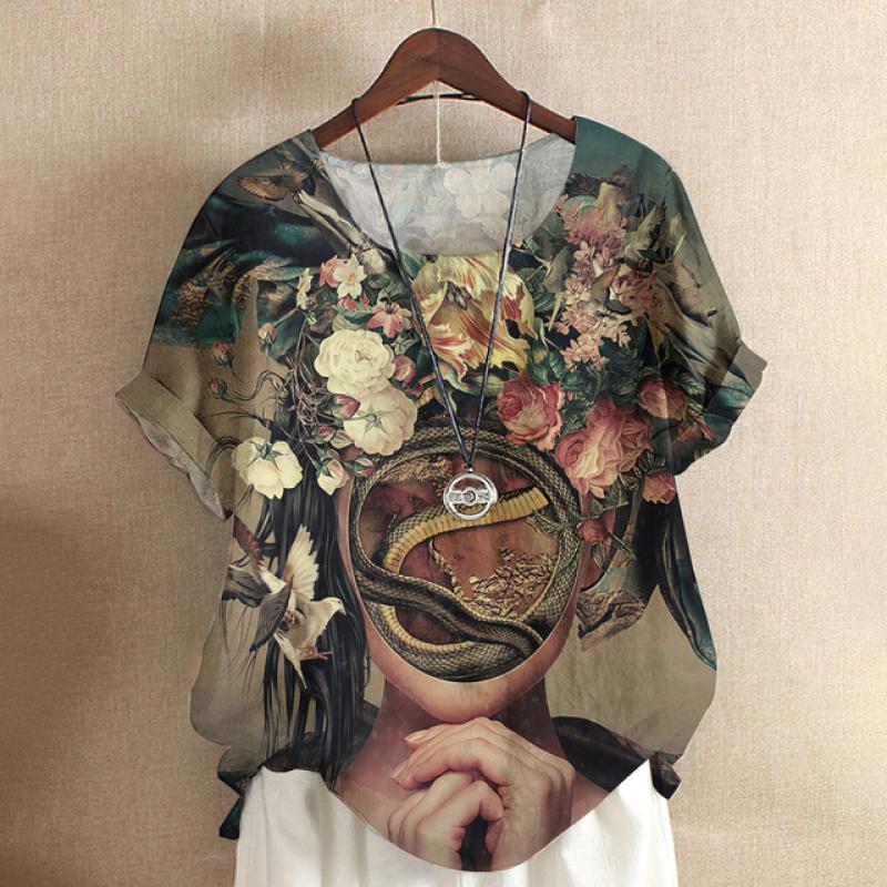 Dámské tričko Art Face 2023 Nová letní móda Žena Oblečení Obličej 3D Květinové topy Tričko Ležérní Streetwear Dámské oversized tričko