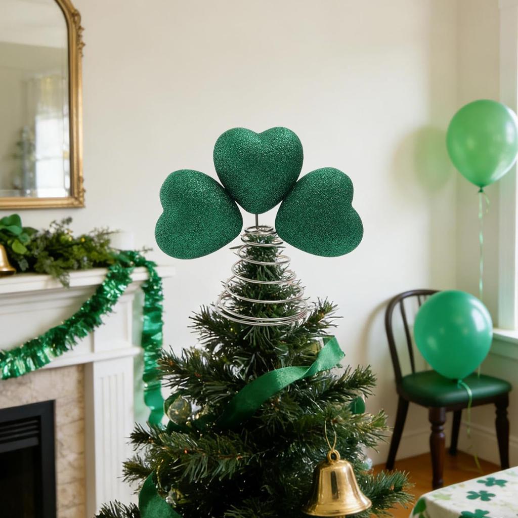 St Patricks Day Tree Topper Green Heart-Clover Tree Ornaments with Metal Base Holidays Ornament for Holiday Party Decor