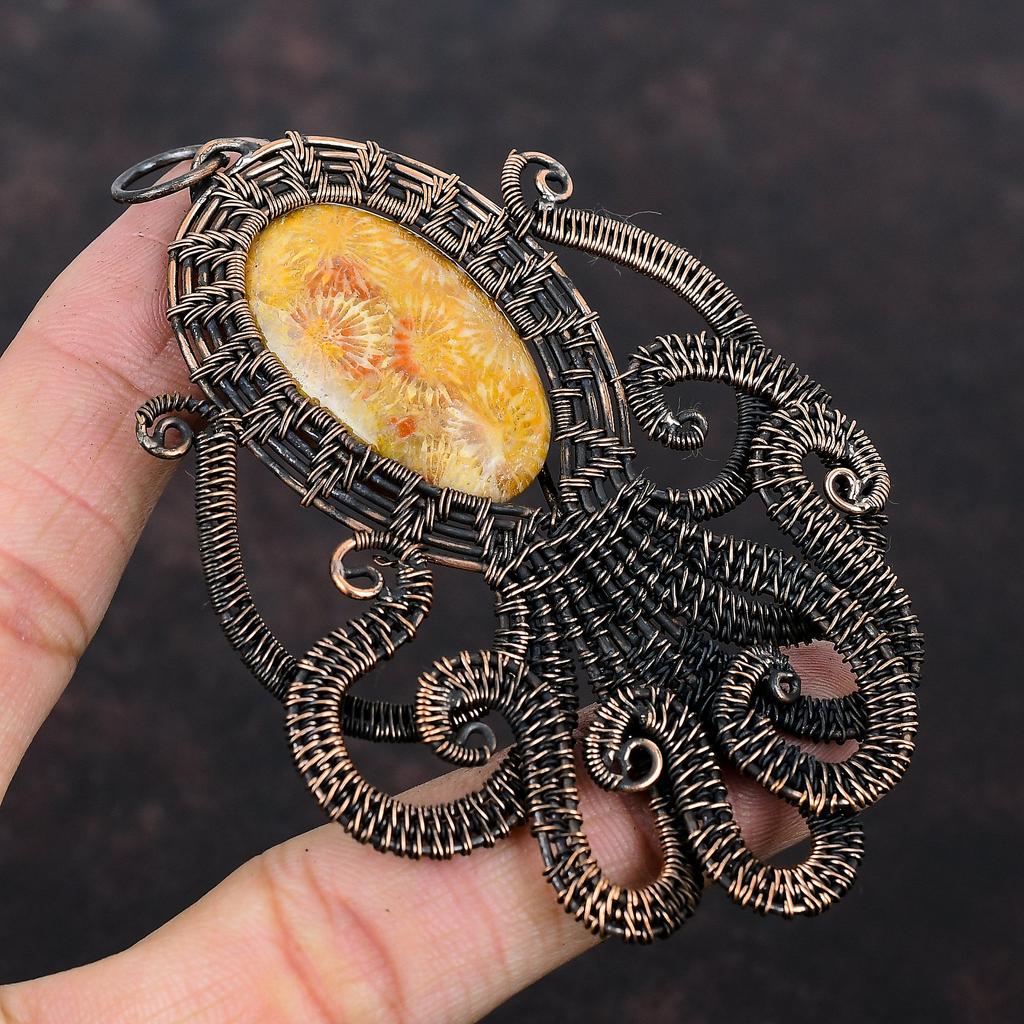 Fossil Coral Pendant Copper Wire Wrapped Pendant Original Gemstone Jewelry Handmade Pendant Gift For Her Copper Wire Jewelry Octopus Pendant