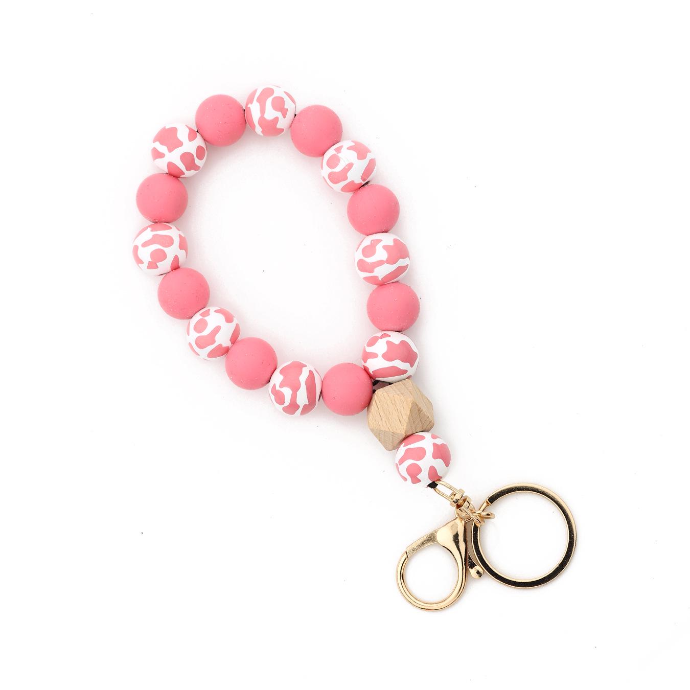 Wooden Bead Bracelet  Leopard Print Heart Keychain for Men and Women