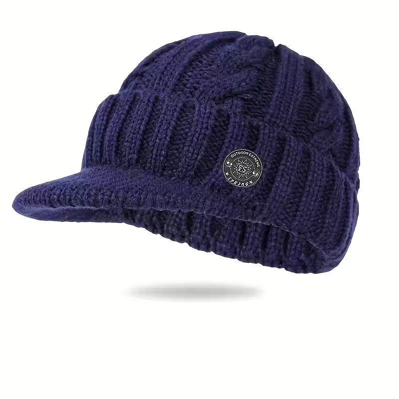 

Мужская зимняя теплая вязаная шапка-бини на флисовой подкладке - Утолщенная защита ушей, Модный стиль синий