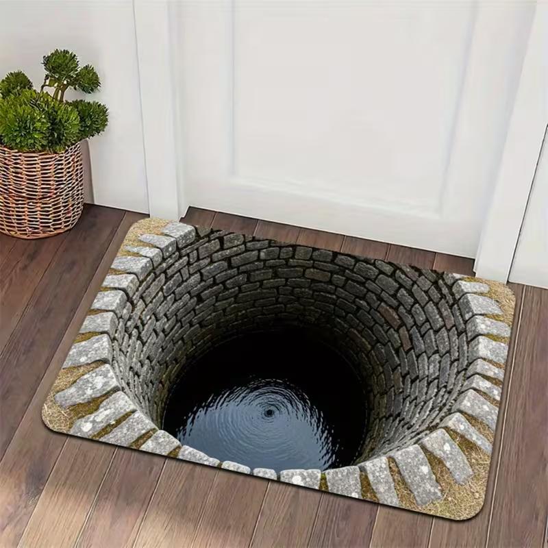 3D Visual Illusion Doormat Realistic Stone Brick Deep Well Pattern Anti Slip Entrance Mat For Home Bathroom Decor