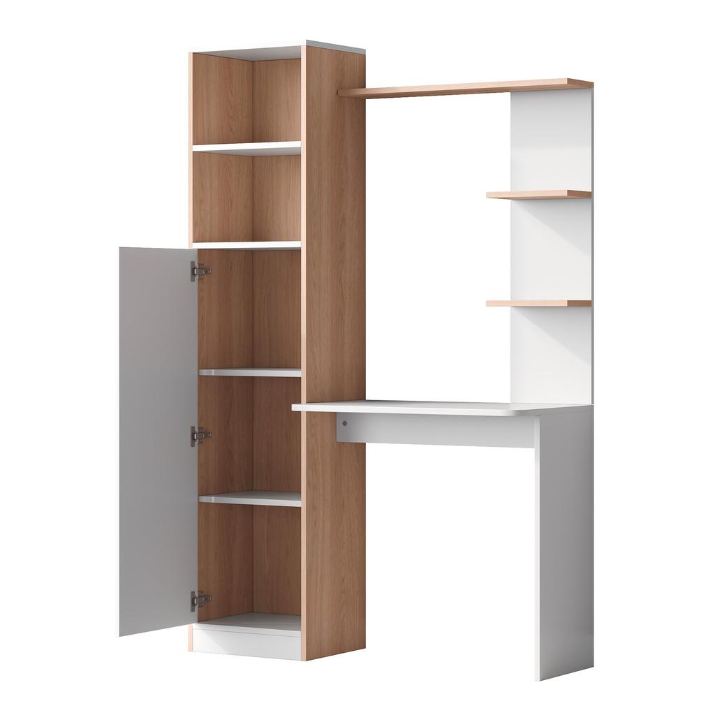 Work Table/Desk with Storage – White with Wood-Strip Contrast, lower cabinet with doors and upper open shelf, office design, 123.5x45x168.5 cm