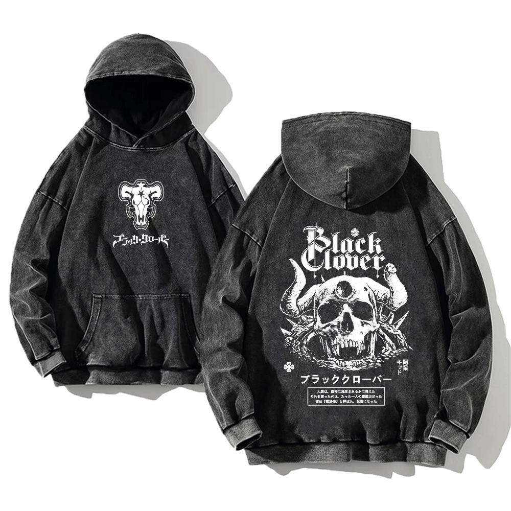 Japanese Anime Black Clover Asta Logo Printed Washed Hooded Men Vintage Hoodies Plus Size Sweatshirt Harajuku Cotton Streetwear