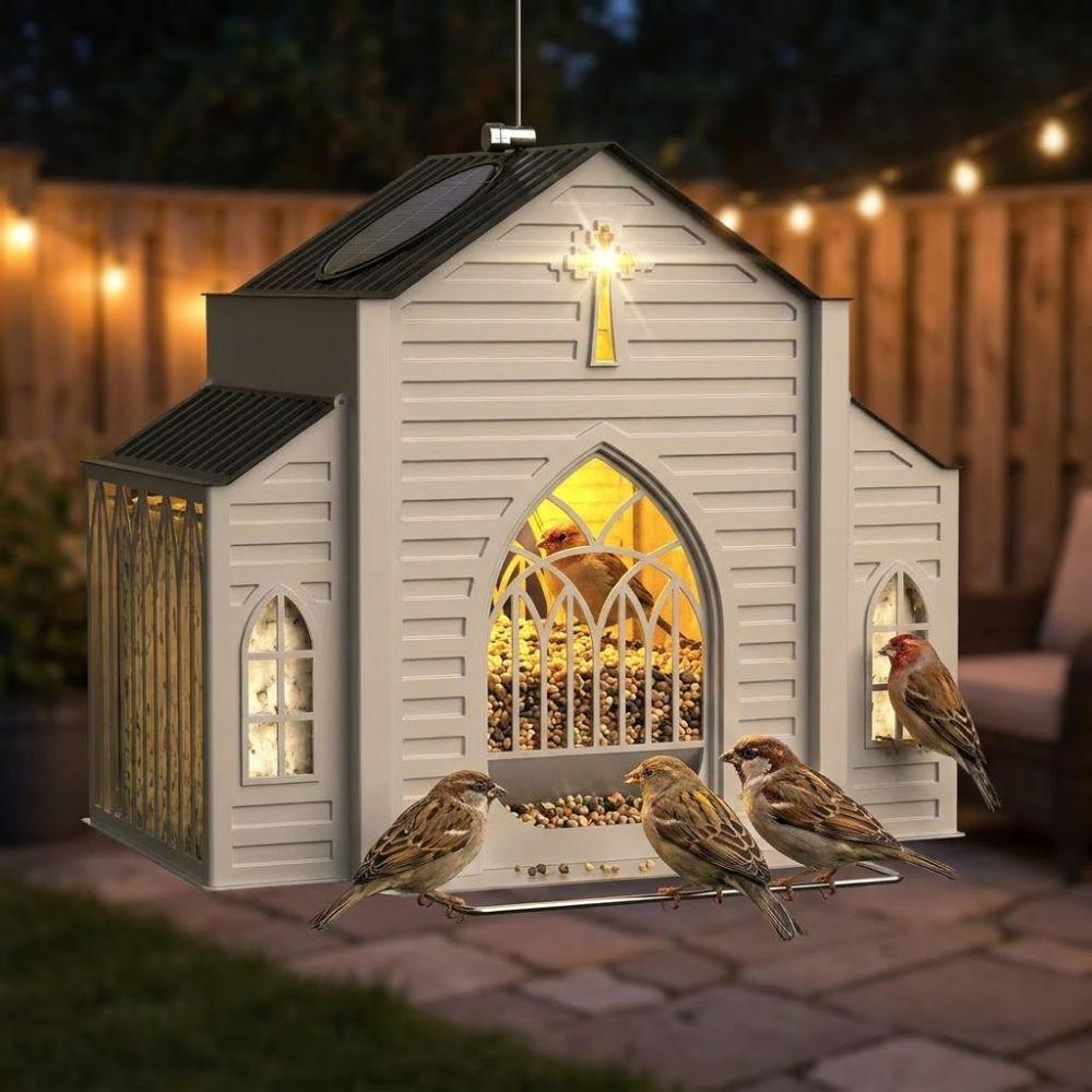 LED Lights Solar Bird Feeder Heavy-Duty House Shape Hanging Wild Bird Feeder Solar-Powered Bird Cage Bird Feeding Station
