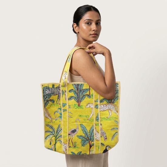 Shoulder Bag Usalover925 Yellow Quilted Cotton Jungle Print Shoulder Bag 36