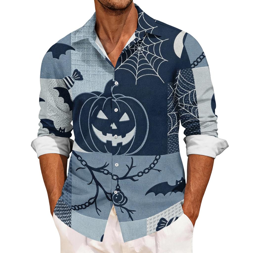 Men's Casual Long Sleeve Button Down Shirt Halloween Print Patchwork Design Lightweight Breathable Fabric Relaxed Fit