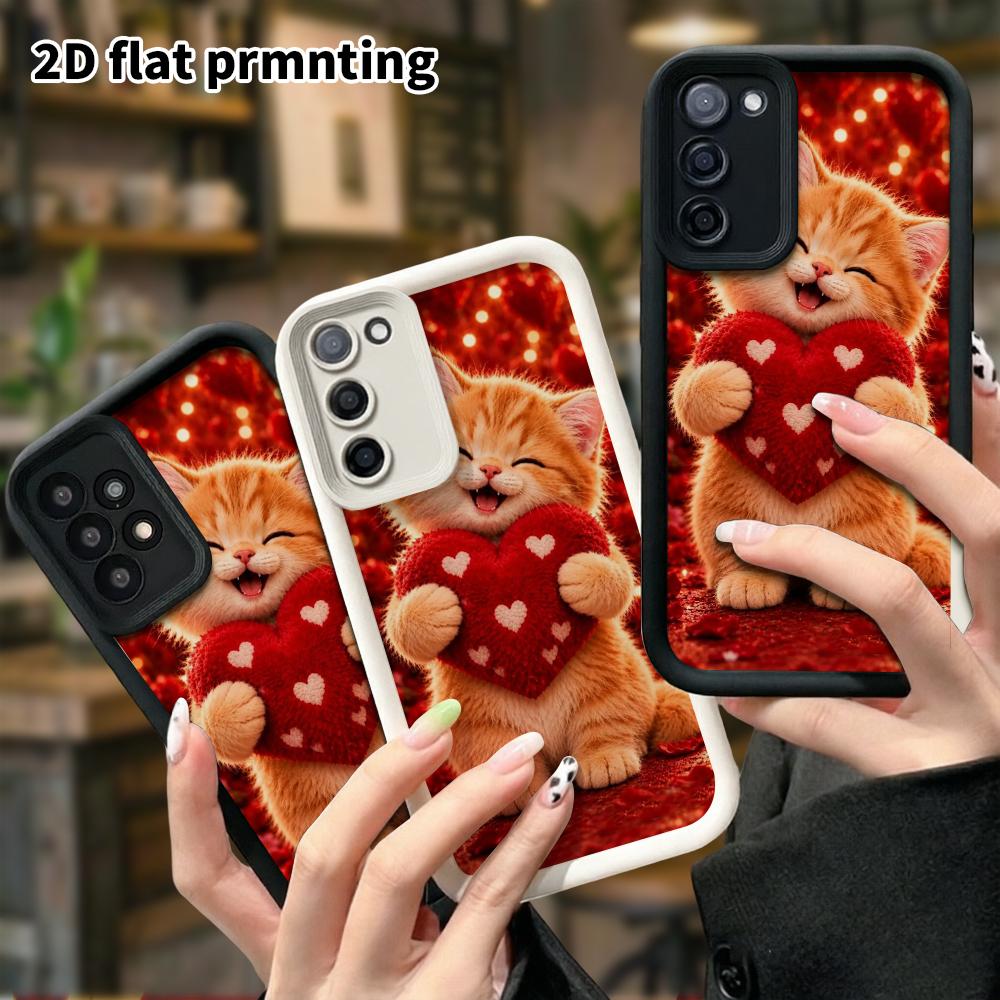 Phone Case: 2D Flat Samsung Galaxy A34 A35 M05 M06 S20 S22 S21 FE Plus 5G Layered Protective Case, Red Heart Orange Cat, Christmas and Halloween Gift